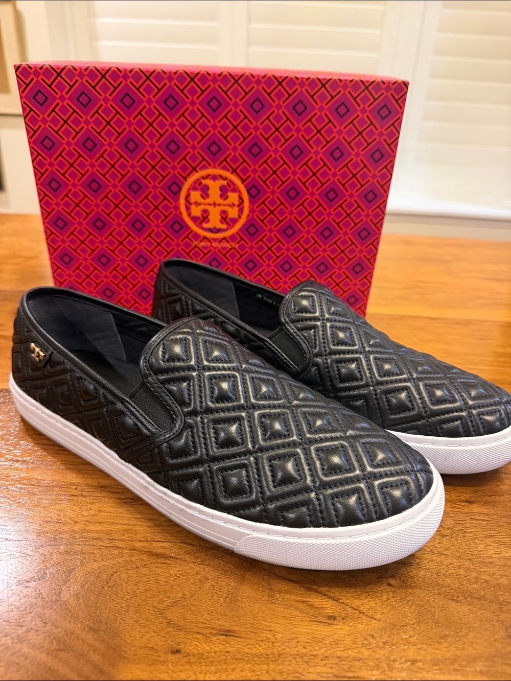 Tory Burch Black Quilted Slip-On Sneakers with White Sole